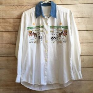 Vintage oversize Shirt with Denim Collar and Animal embroidered